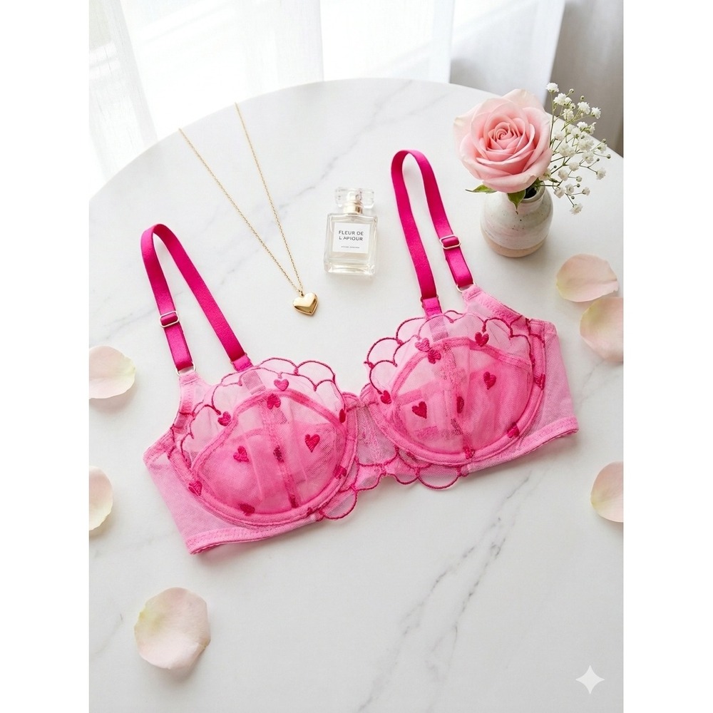 Adore Me Coquette Heart Embroidery Mesh Balconette Bra Women's 32B